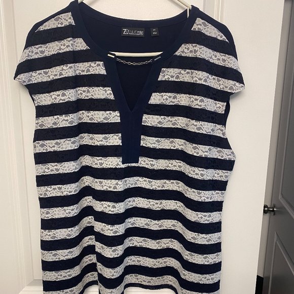 New York & Co. White lace and Navy striped top - Picture 1 of 2